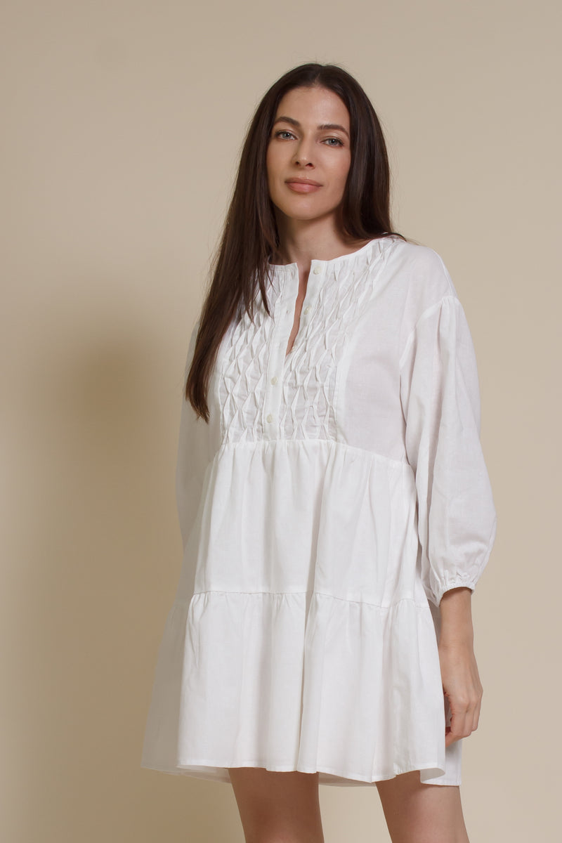 Lalavon mini shirt dress with partial button front, in off white.