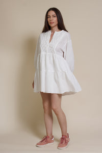 Lalavon mini shirt dress with partial button front, in off white.