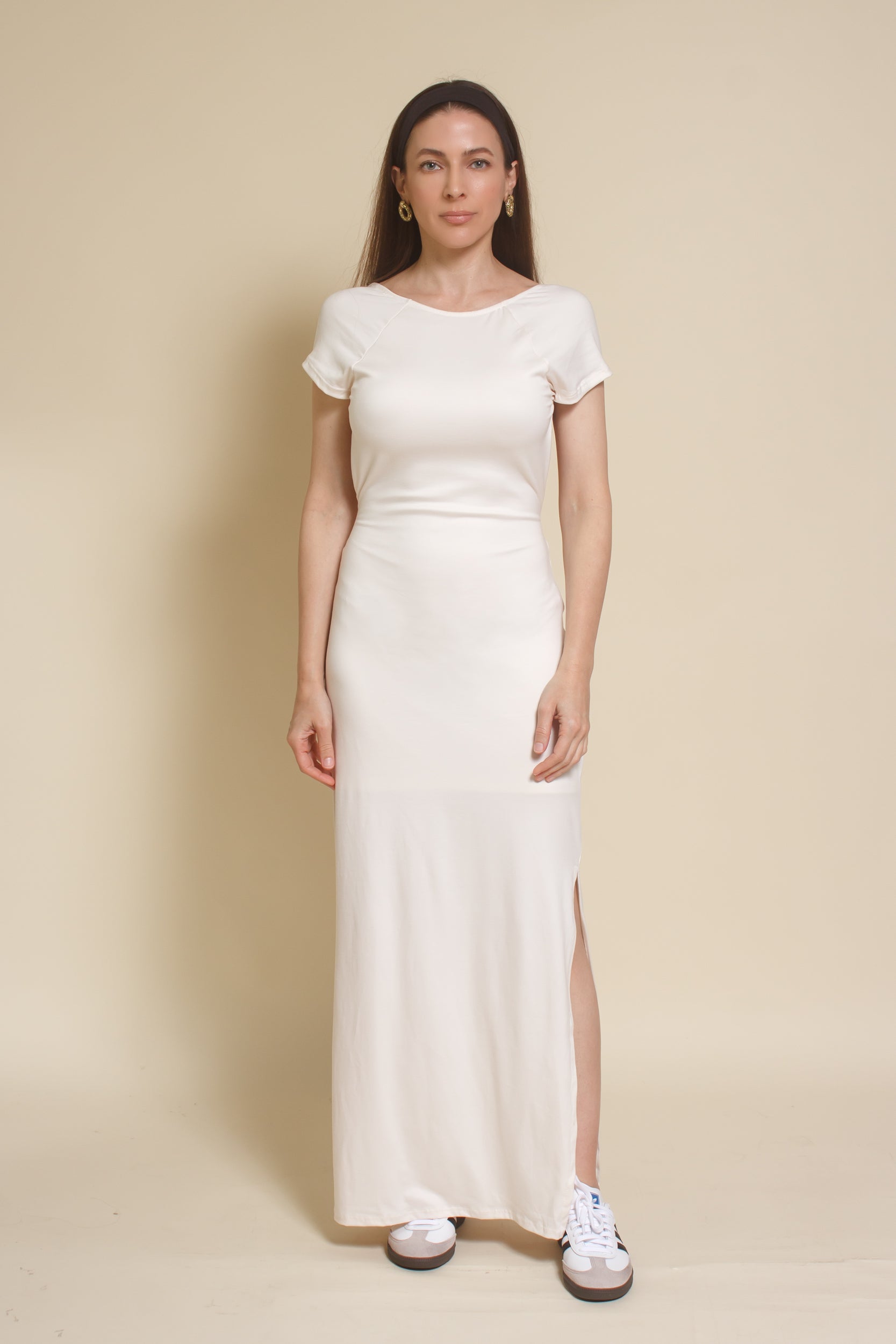 Le Lis backless short sleeve maxi dress, in Ivory.