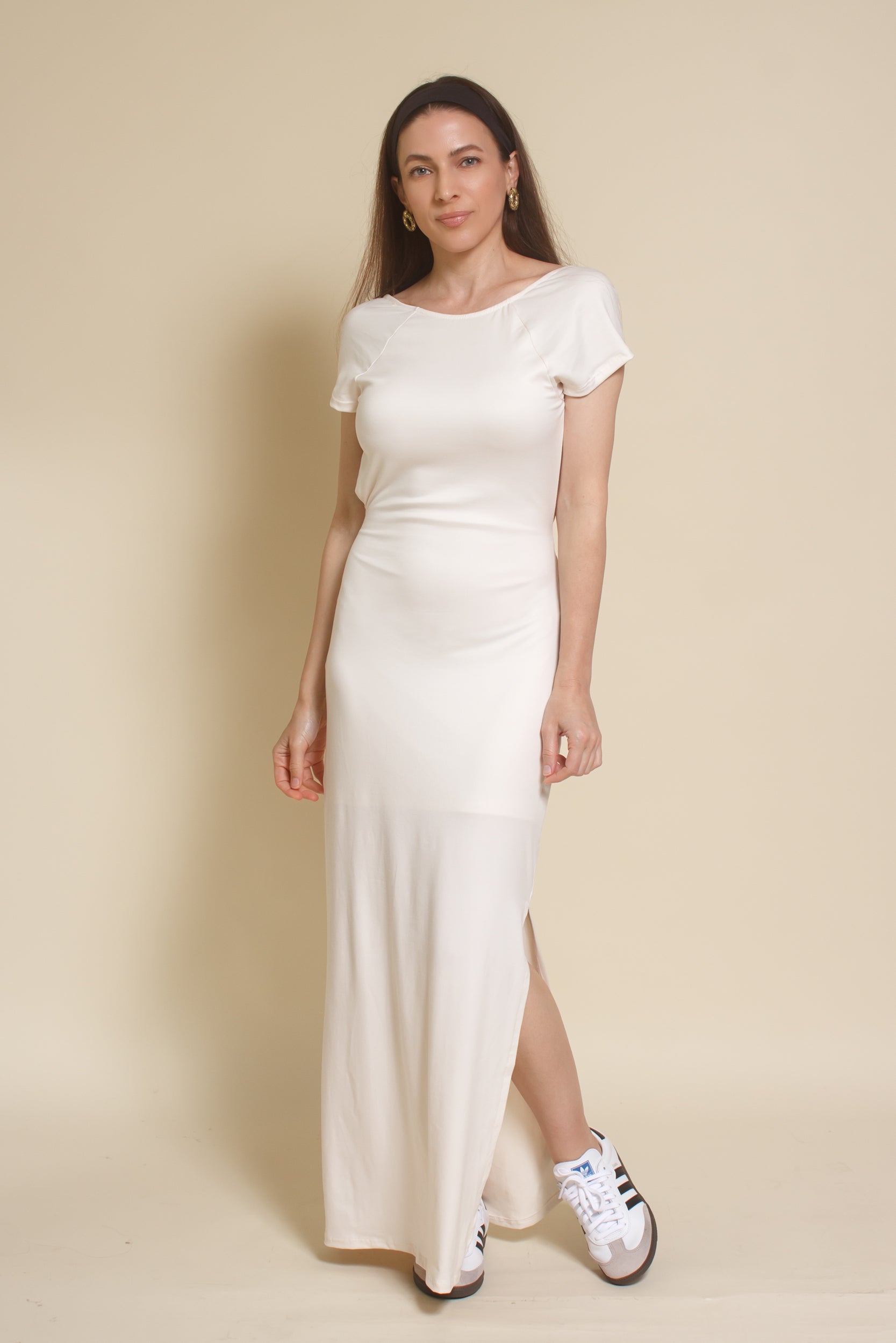 Le Lis backless short sleeve maxi dress, in Ivory.