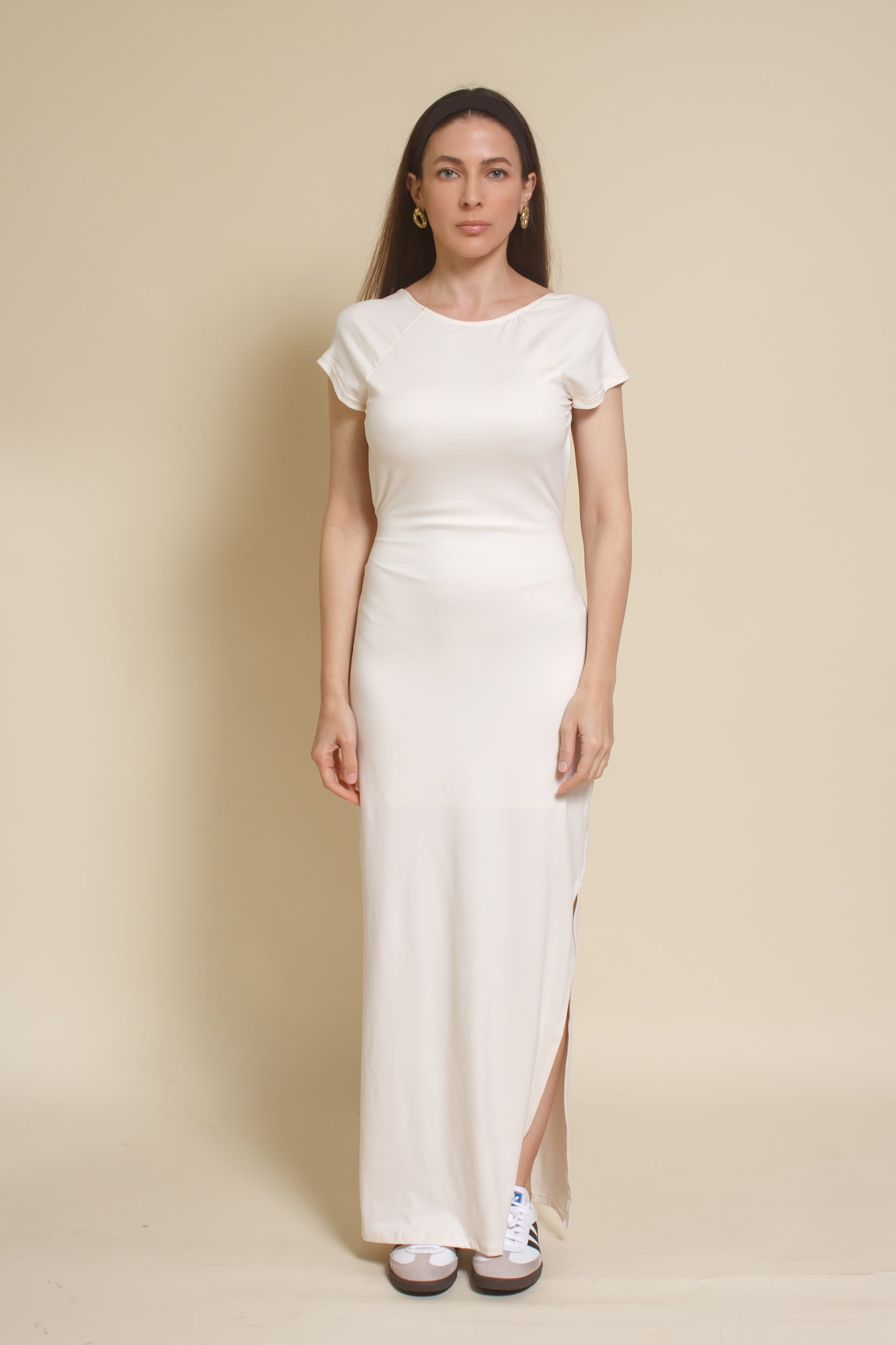Le Lis backless short sleeve maxi dress, in Ivory.