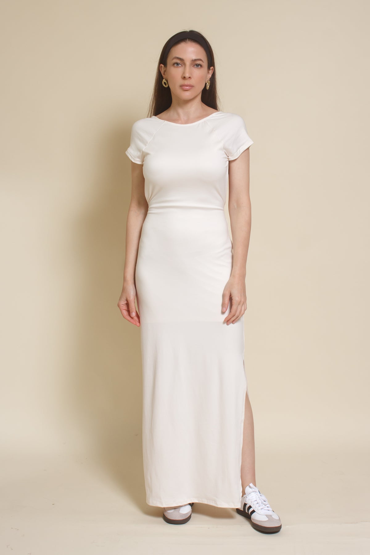 Le Lis backless short sleeve maxi dress, in Ivory.