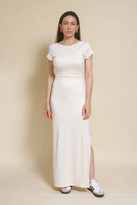 Le Lis backless short sleeve maxi dress, in Ivory.