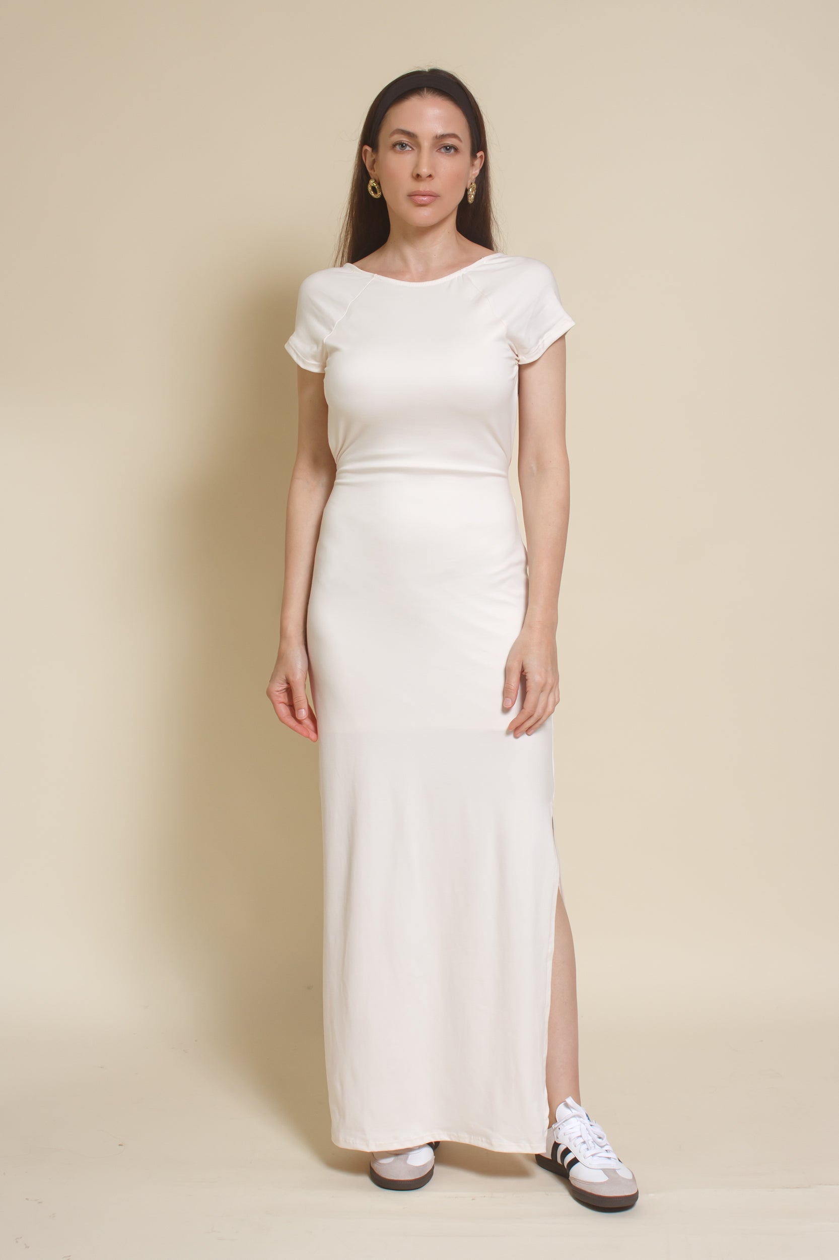 Le Lis backless short sleeve maxi dress, in Ivory.