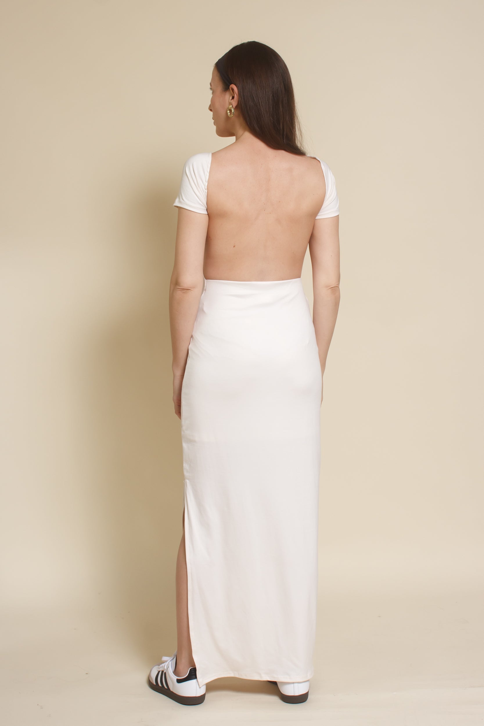 Le Lis backless short sleeve maxi dress, in Ivory.