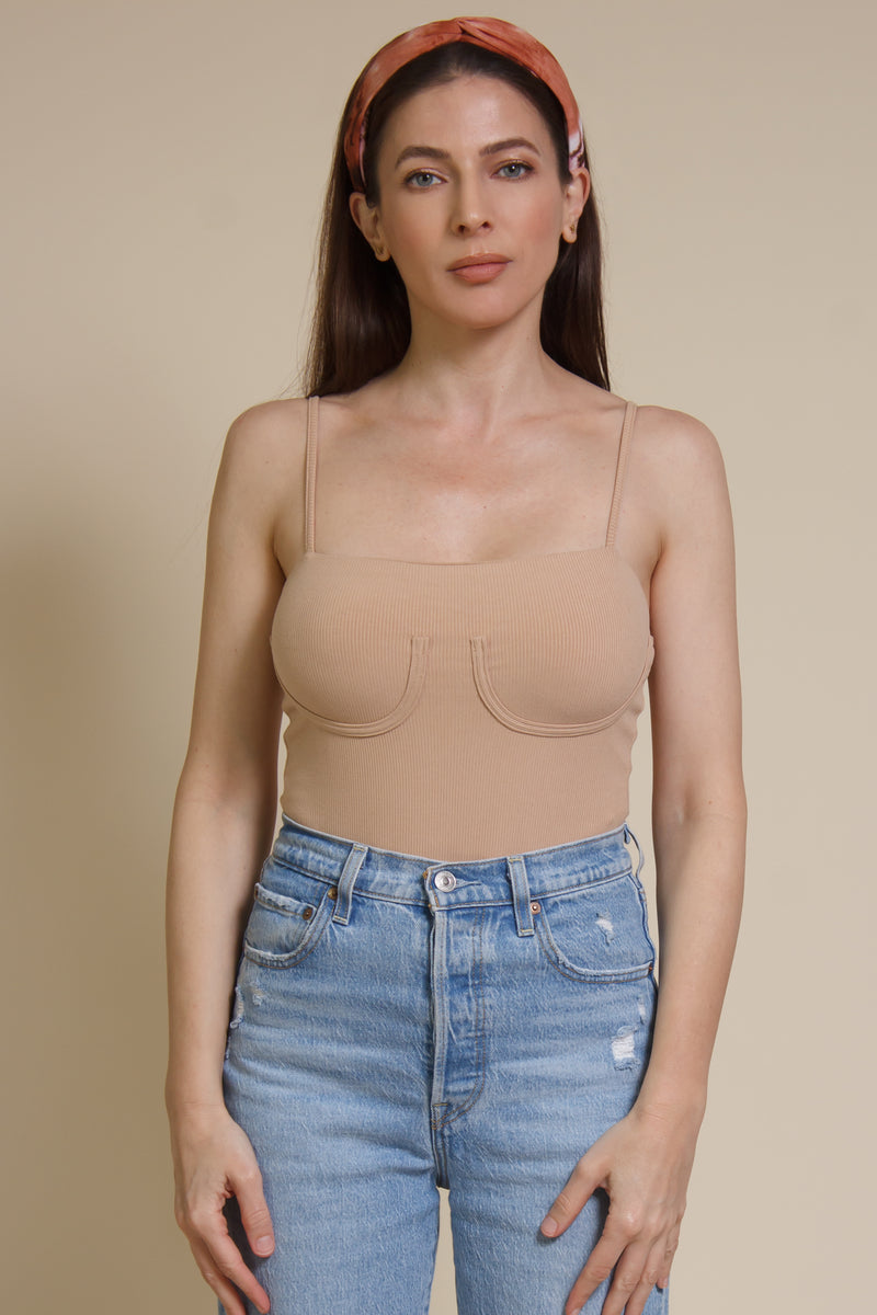 le lis ribbed bodysuit with under bust lining, in taupe.