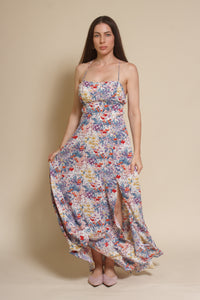 Lush Brand lace up backless maxi dress, in blue multi floral.