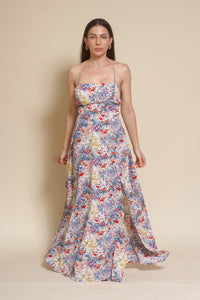 Lush Brand lace up backless maxi dress, in blue multi floral.