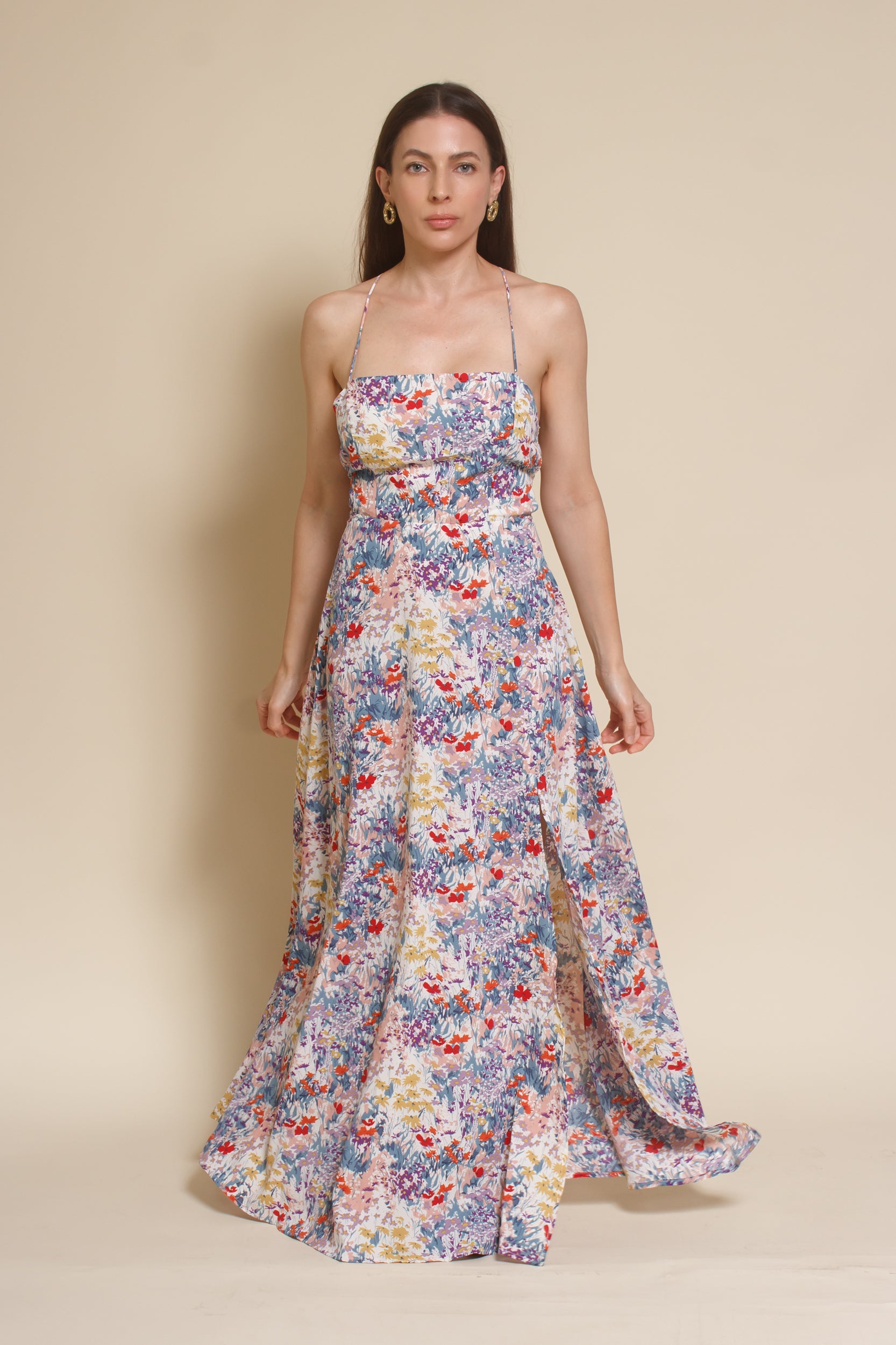 Lush Brand lace up backless maxi dress, in blue multi floral.