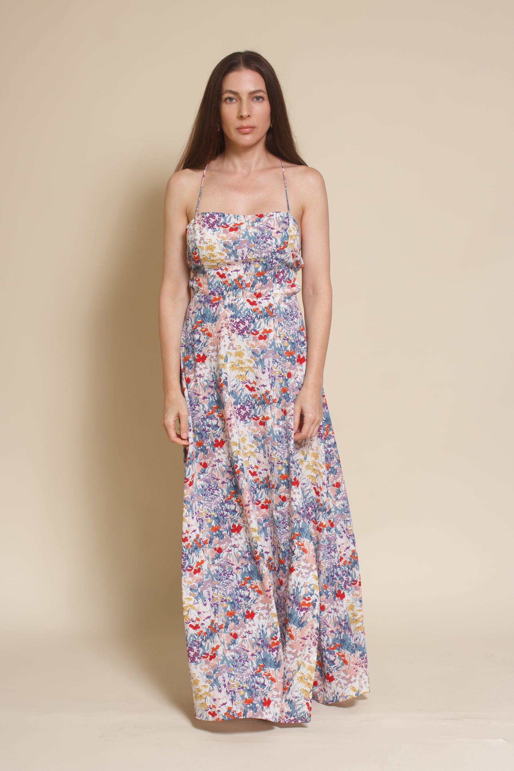 Lush Brand lace up backless maxi dress, in blue multi floral.