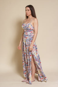 Lush Brand lace up backless maxi dress, in blue multi floral.