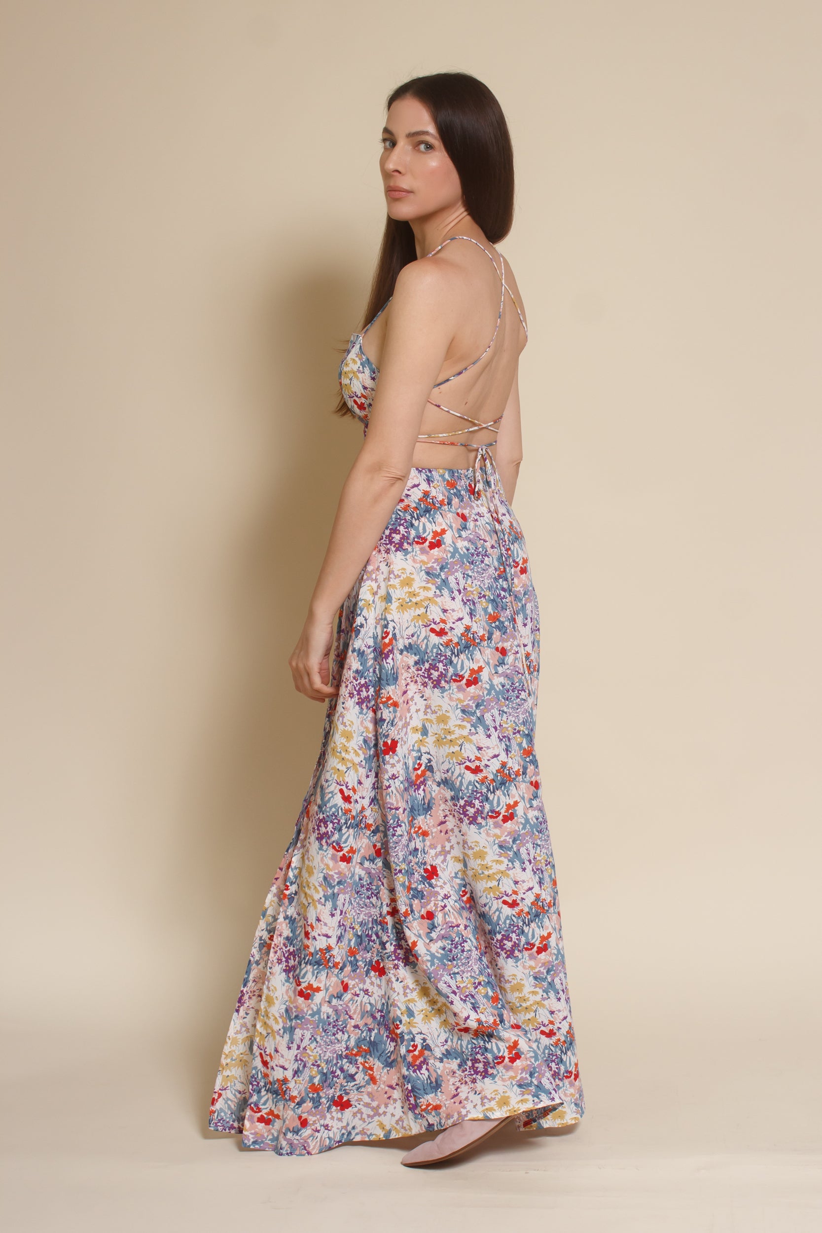 Lush Brand lace up backless maxi dress, in blue multi floral.