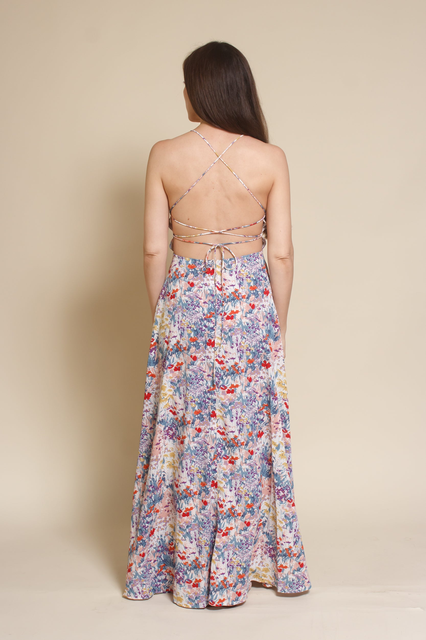 Lush Brand lace up backless maxi dress, in blue multi floral.