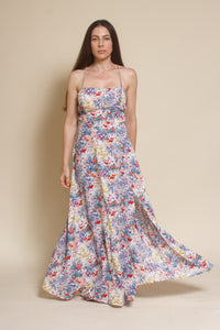 Lush Brand lace up backless maxi dress, in blue multi floral.