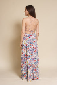 Lush Brand lace up backless maxi dress, in blue multi floral.