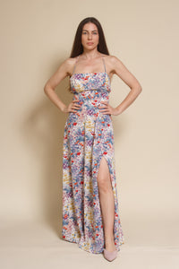 Lush Brand lace up backless maxi dress, in blue multi floral.