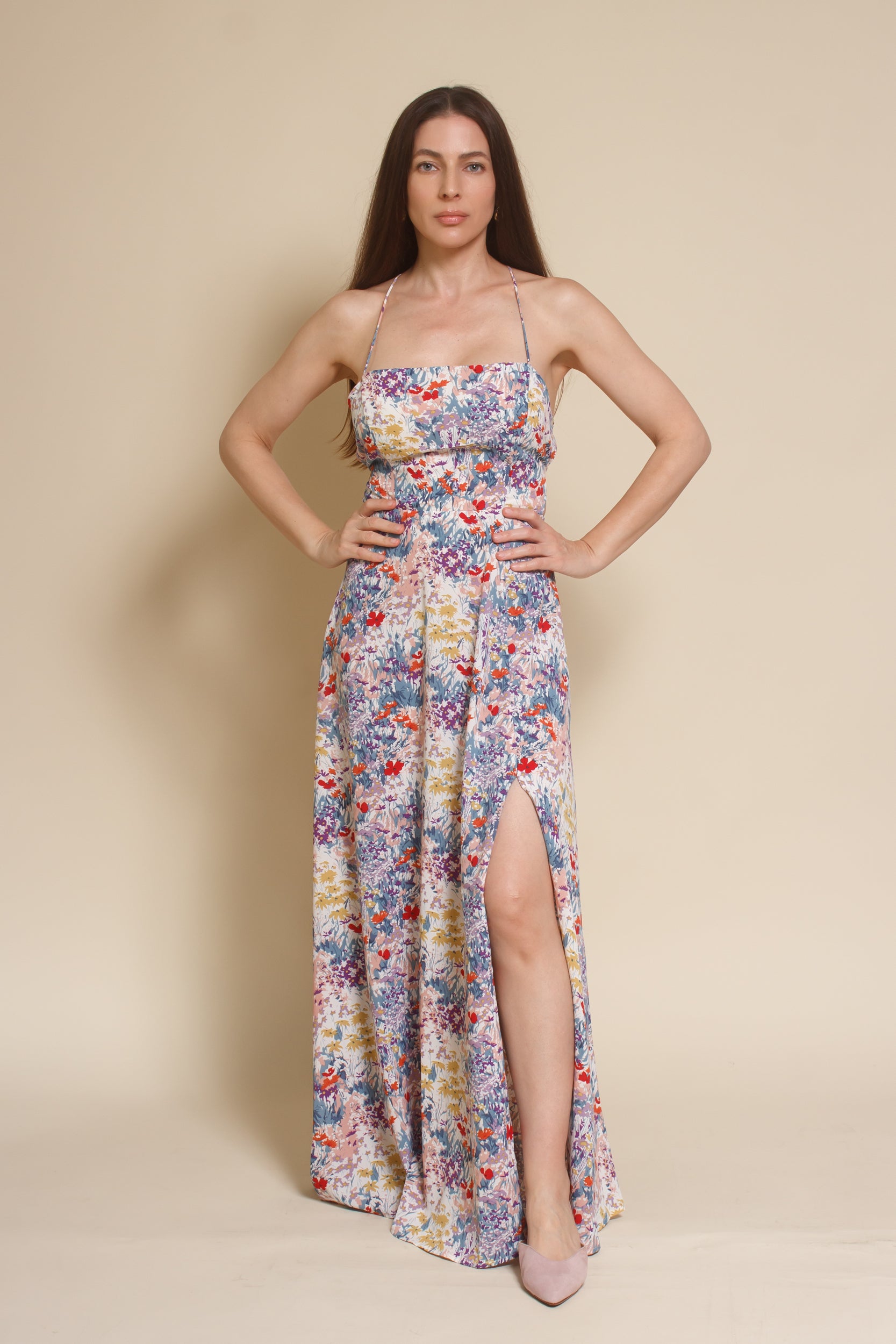Lush Brand lace up backless maxi dress, in blue multi floral.