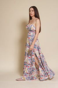 Lush Brand lace up backless maxi dress, in blue multi floral.