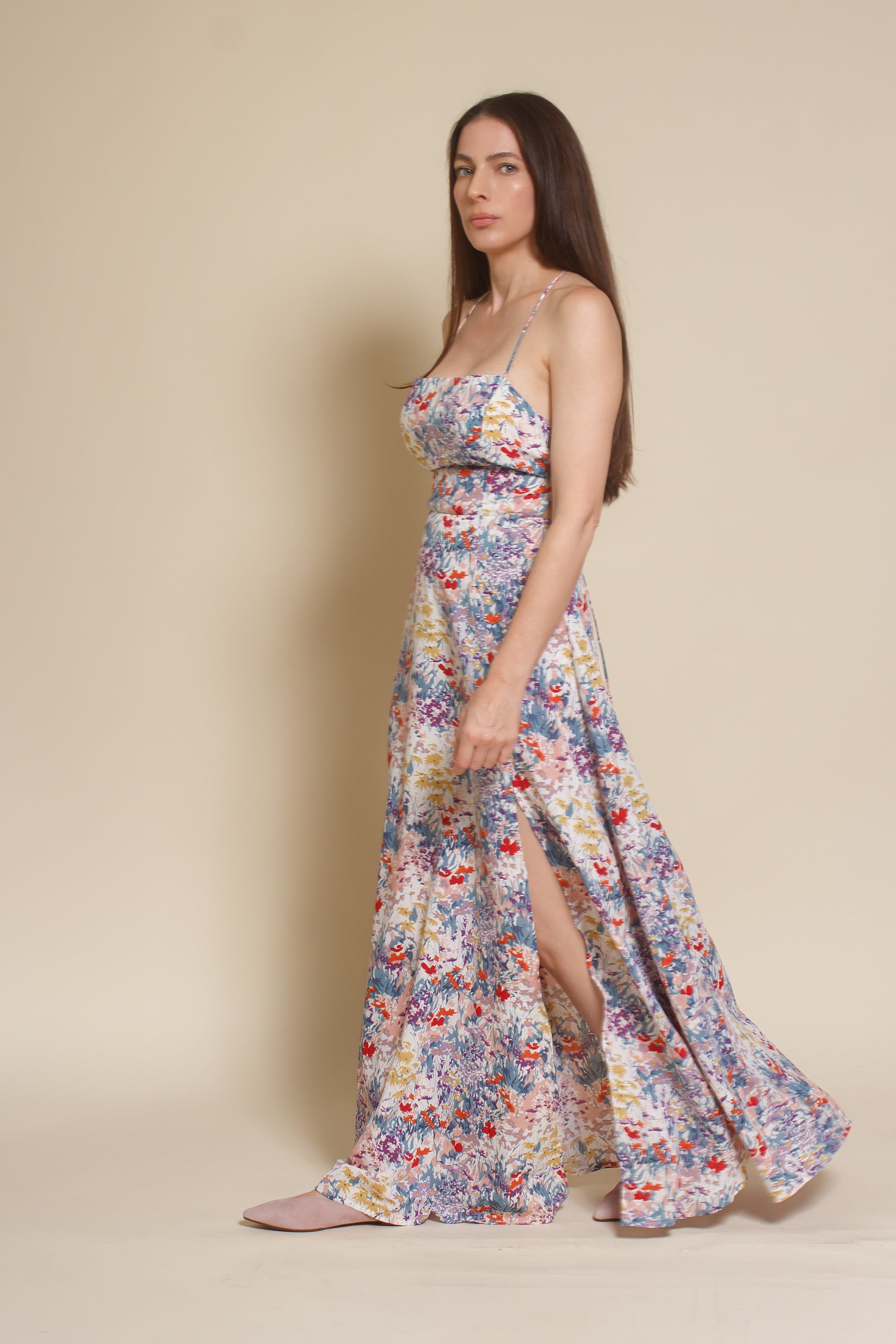 Lush Brand lace up backless maxi dress, in blue multi floral.