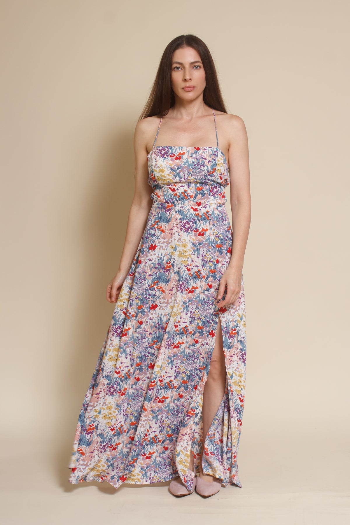Lush Brand lace up backless maxi dress, in blue multi floral.