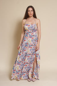 Lush Brand lace up backless maxi dress, in blue multi floral.