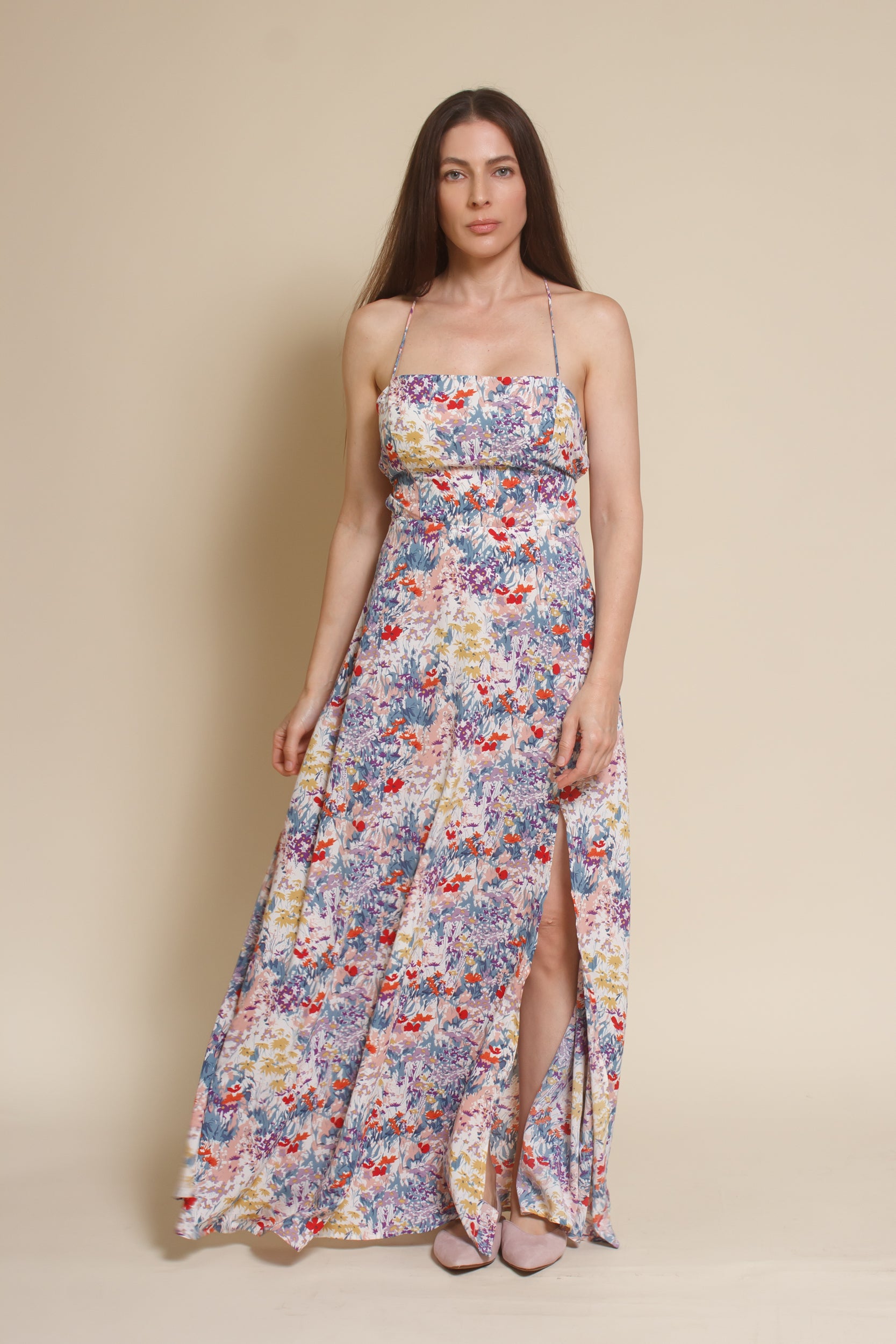 Lush Brand lace up backless maxi dress, in blue multi floral.