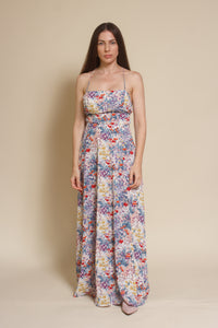 Lush Brand lace up backless maxi dress, in blue multi floral.
