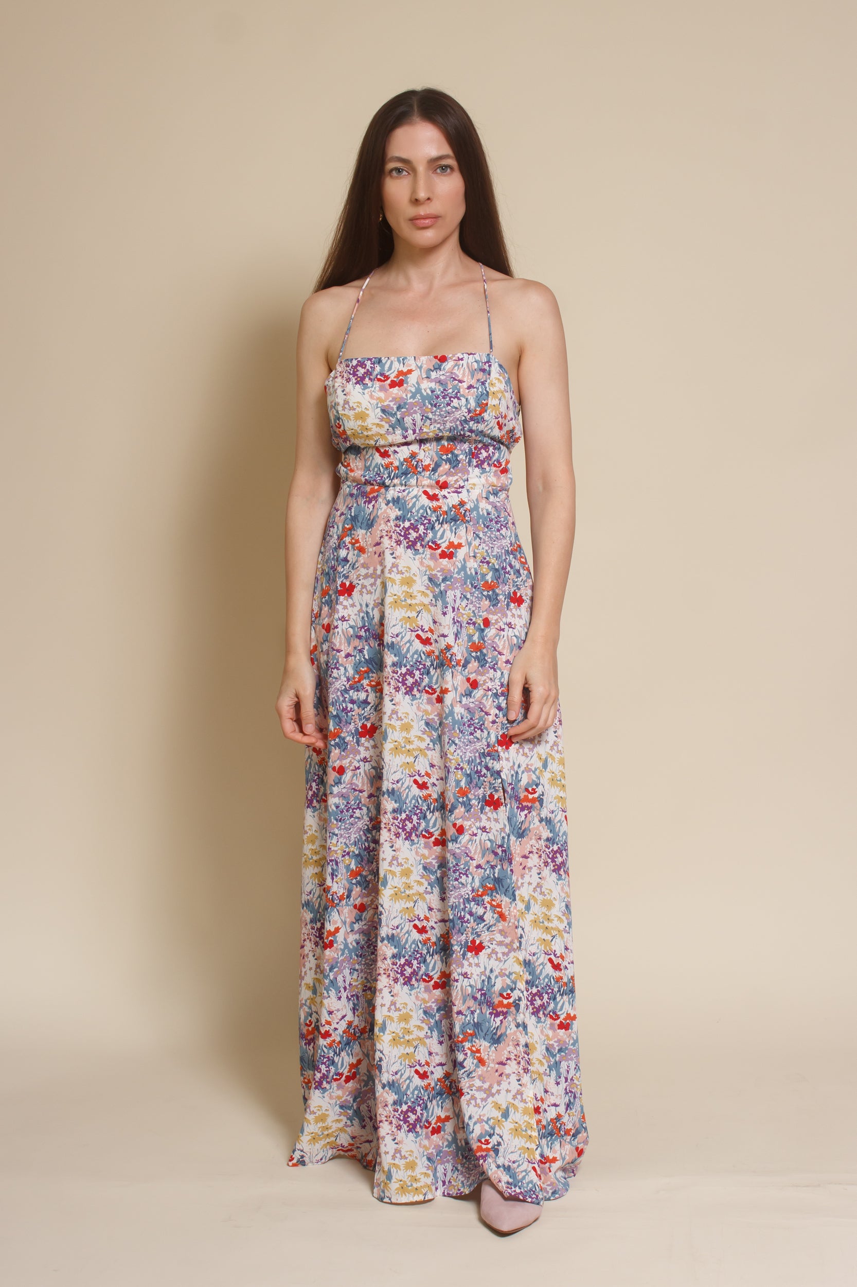 Lush Brand lace up backless maxi dress, in blue multi floral.