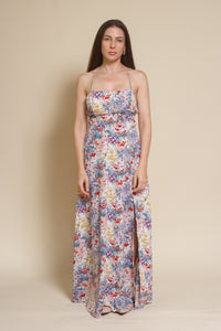 Lush Brand lace up backless maxi dress, in blue multi floral.