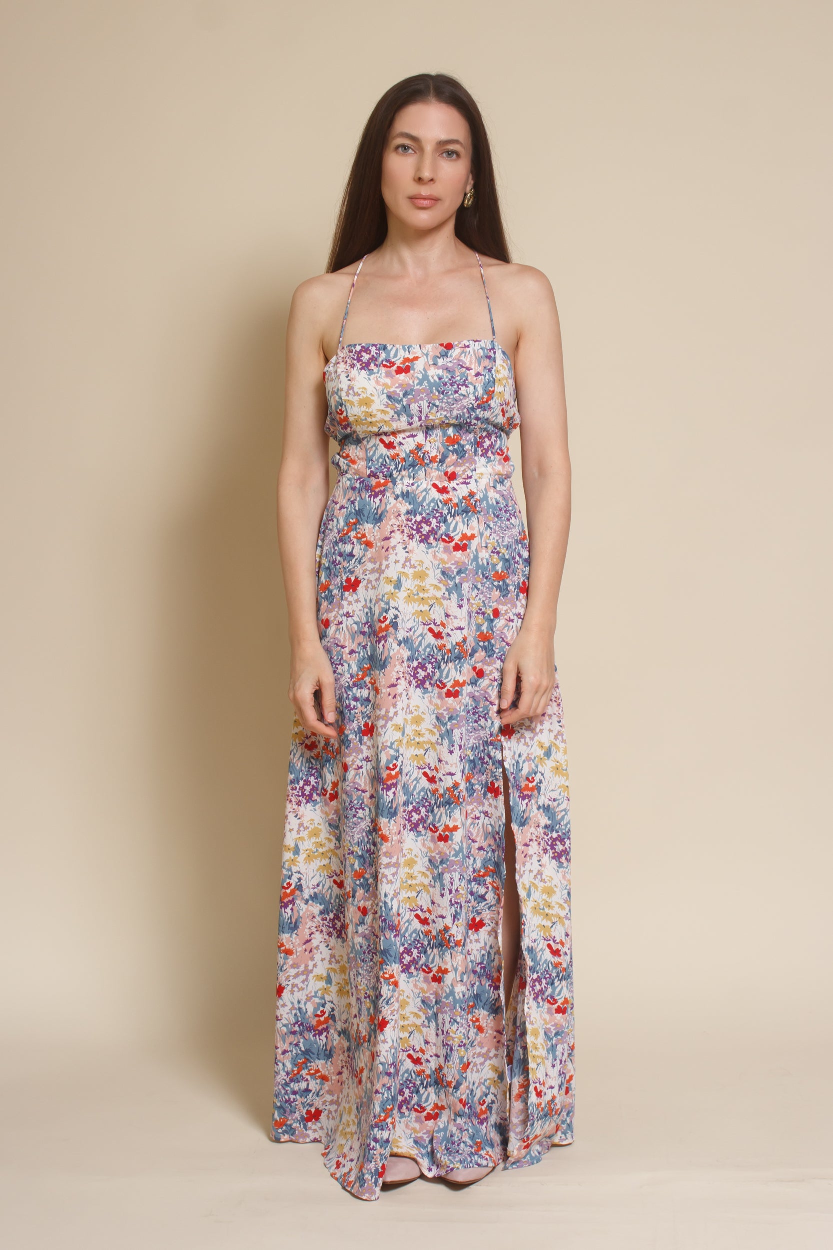 Lush Brand lace up backless maxi dress, in blue multi floral.