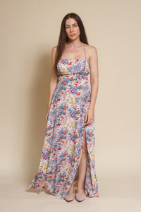 Lush Brand lace up backless maxi dress, in blue multi floral.