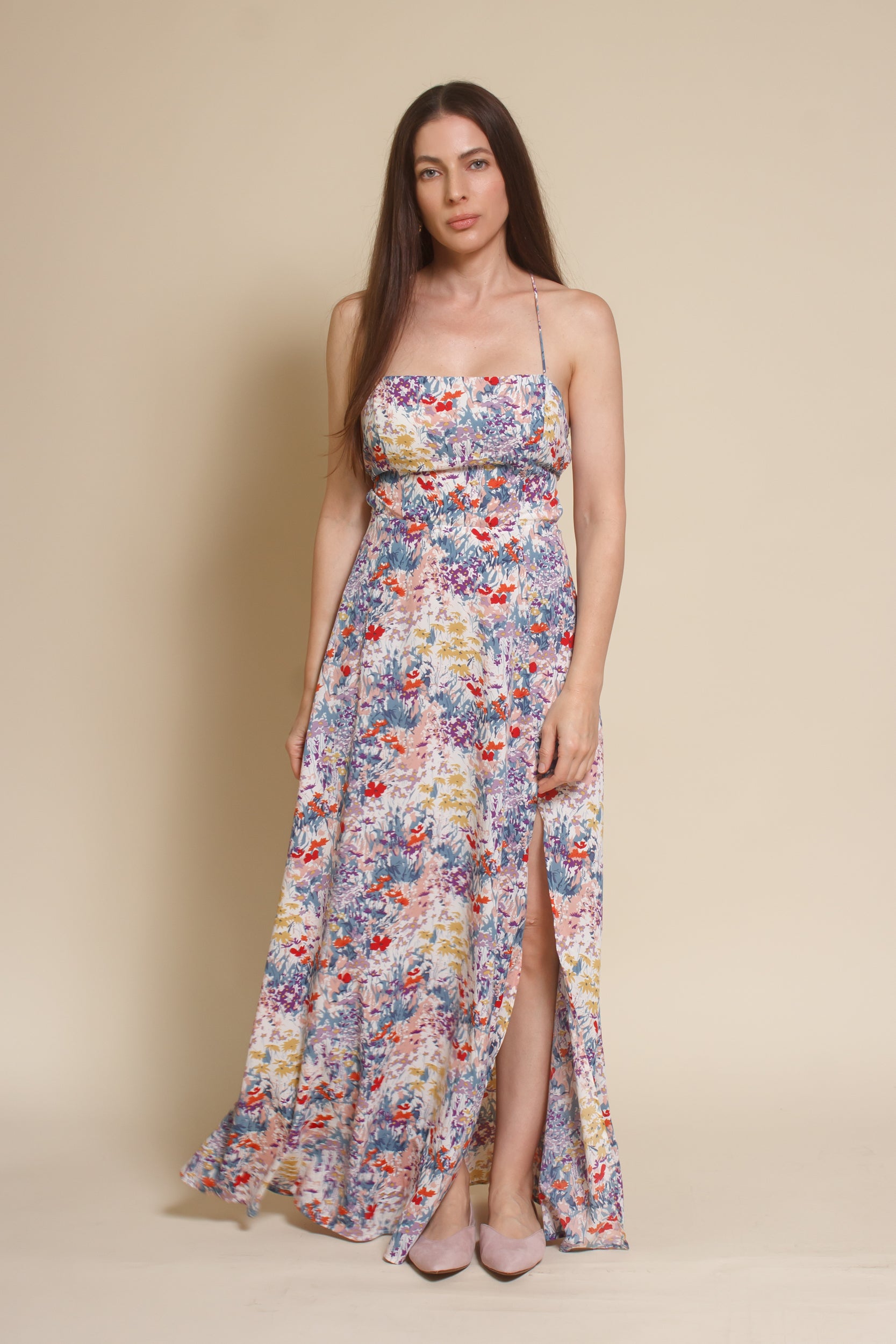 Lush Brand lace up backless maxi dress, in blue multi floral.
