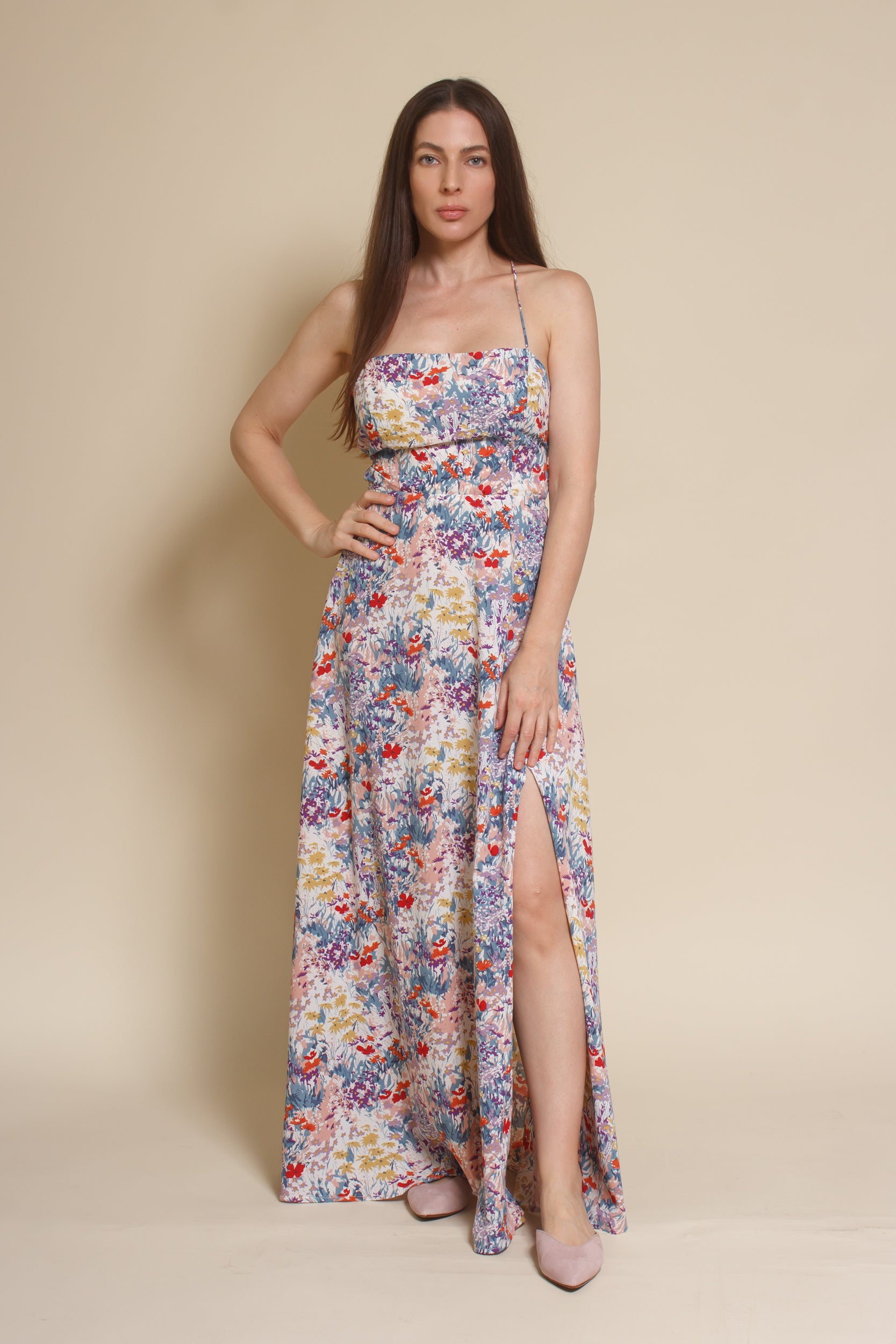 Lush Brand lace up backless maxi dress, in blue multi floral.