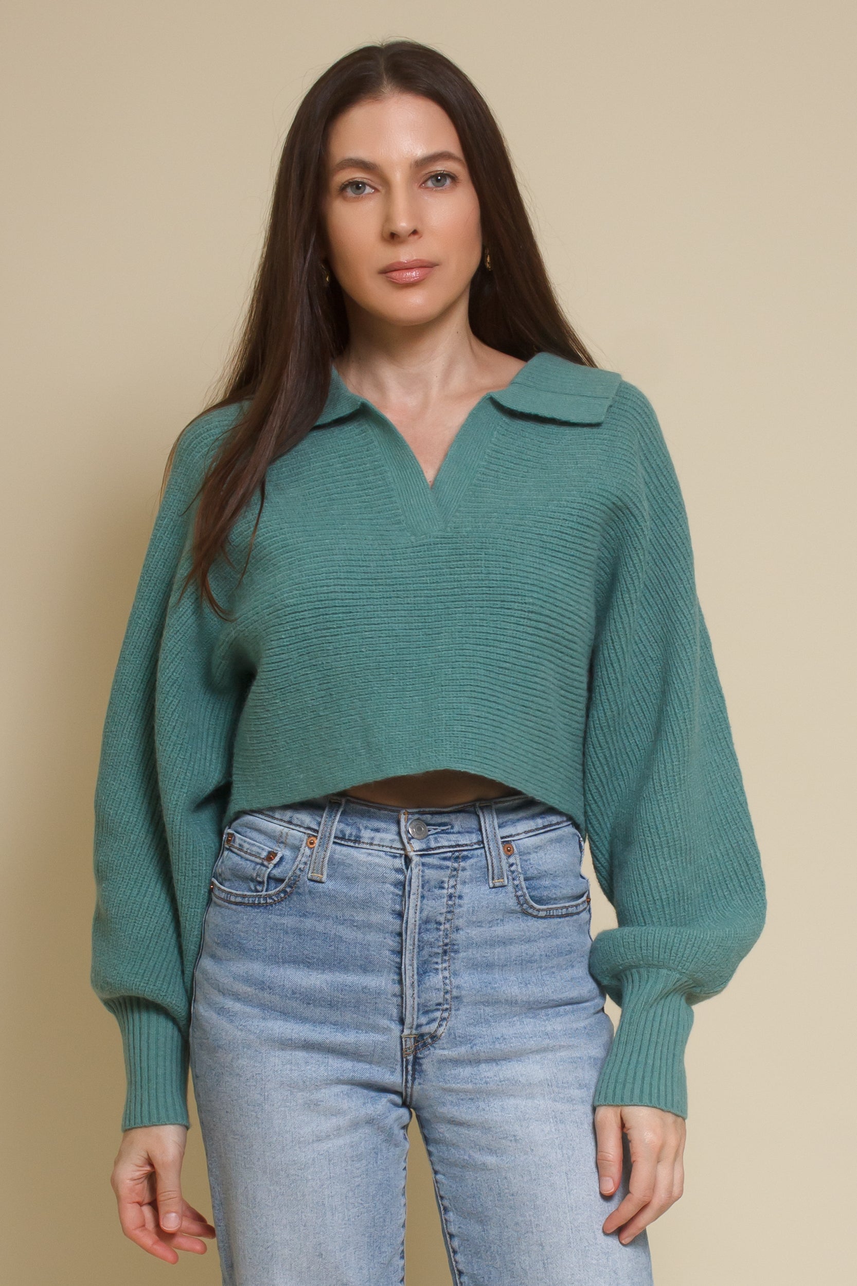 Mable collared cropped sweater, in seagreen.