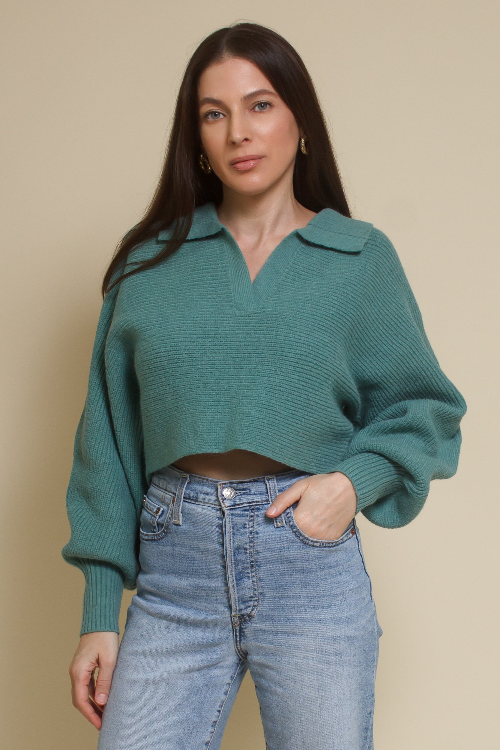 Mable collared cropped sweater, in seagreen.