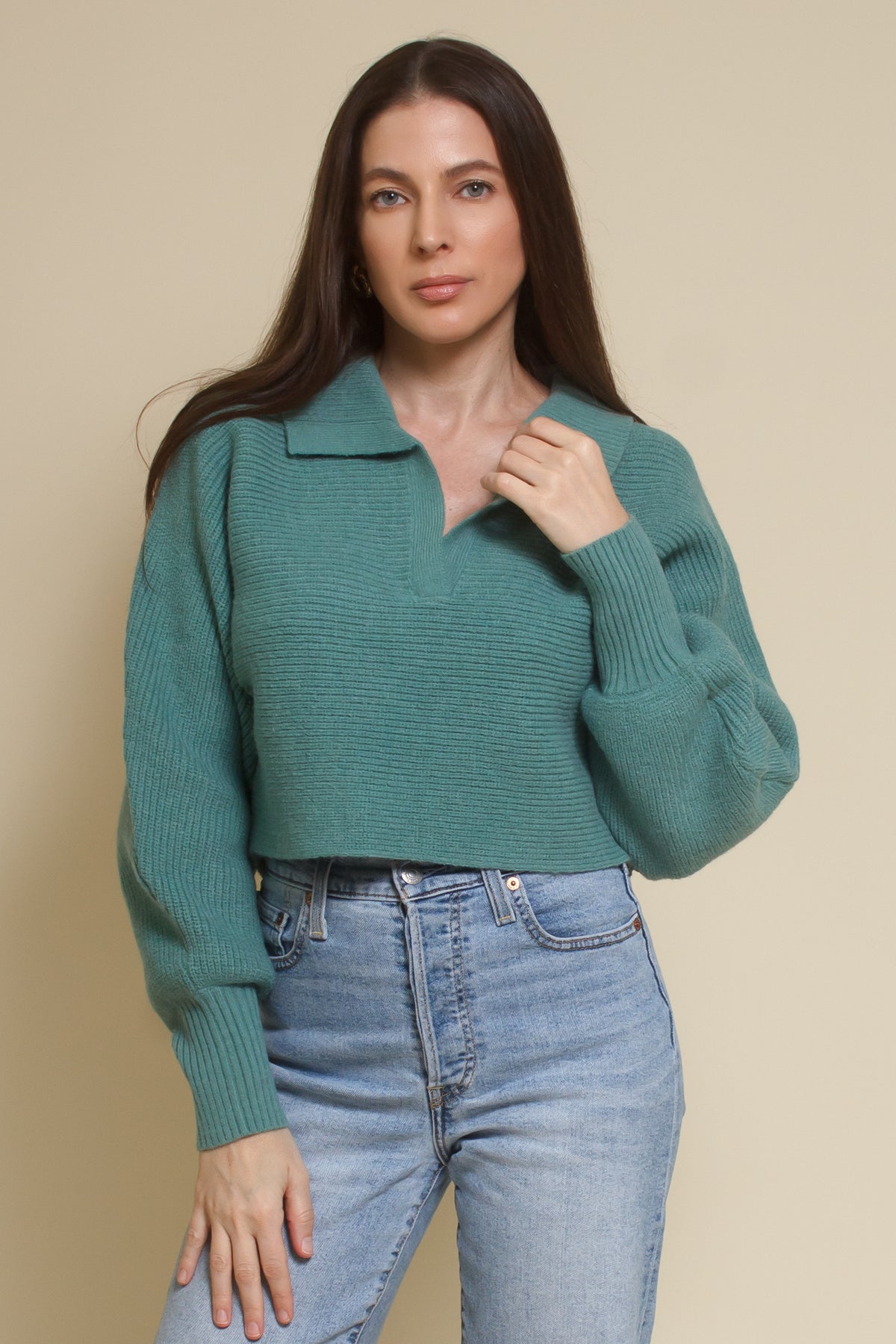 Mable collared cropped sweater, in seagreen.