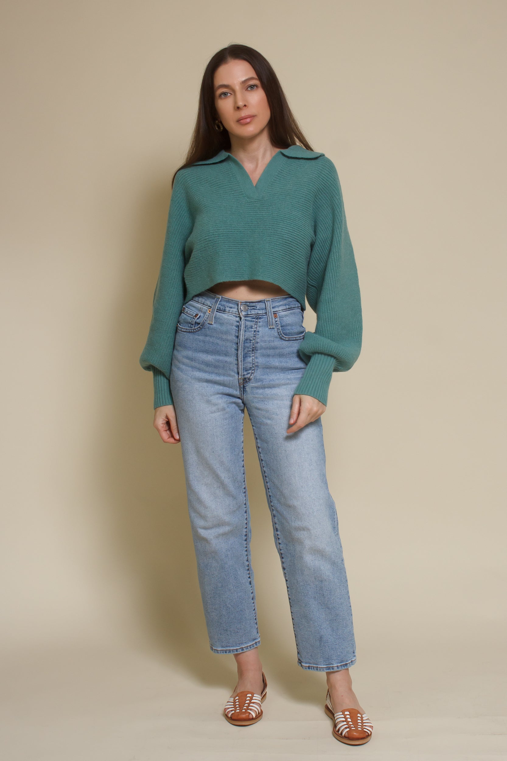 Mable collared cropped sweater, in seagreen.