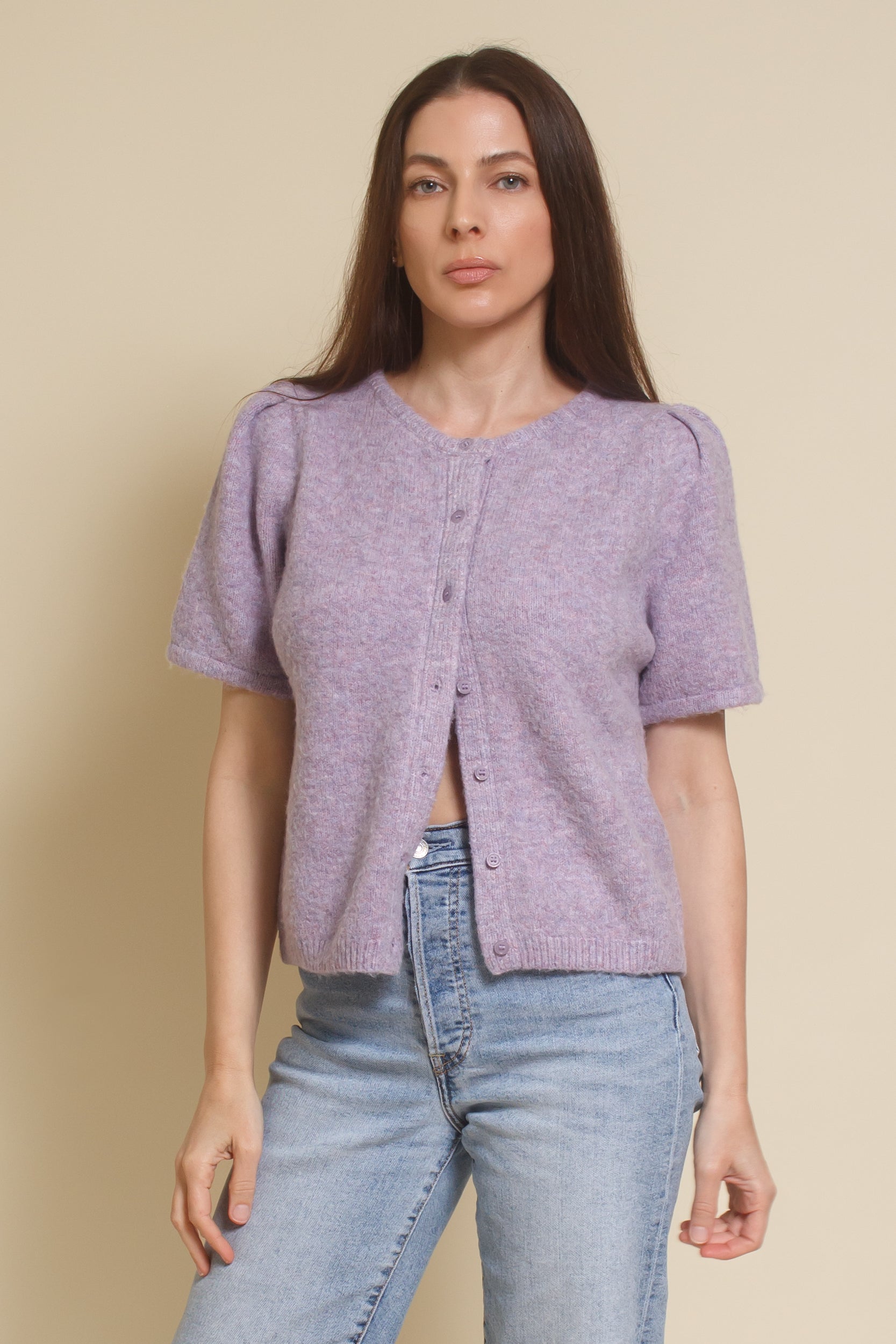 &Merci, heathered short sleeve cardigan, in lavender.