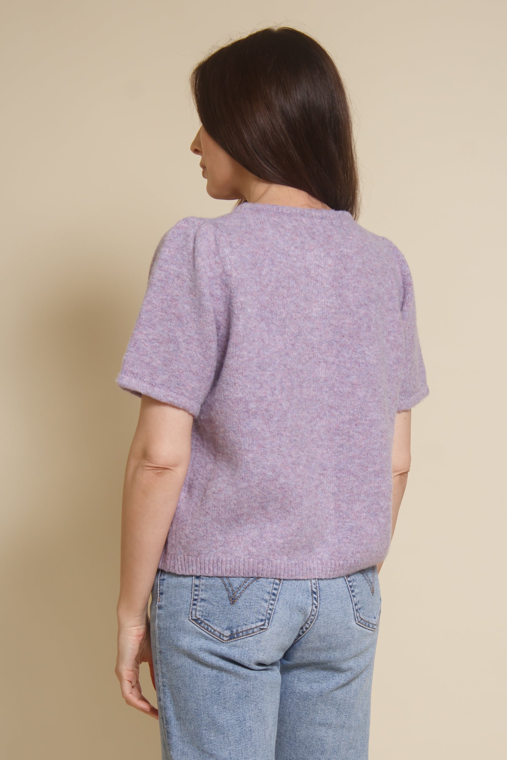 &Merci, heathered short sleeve cardigan, in lavender.