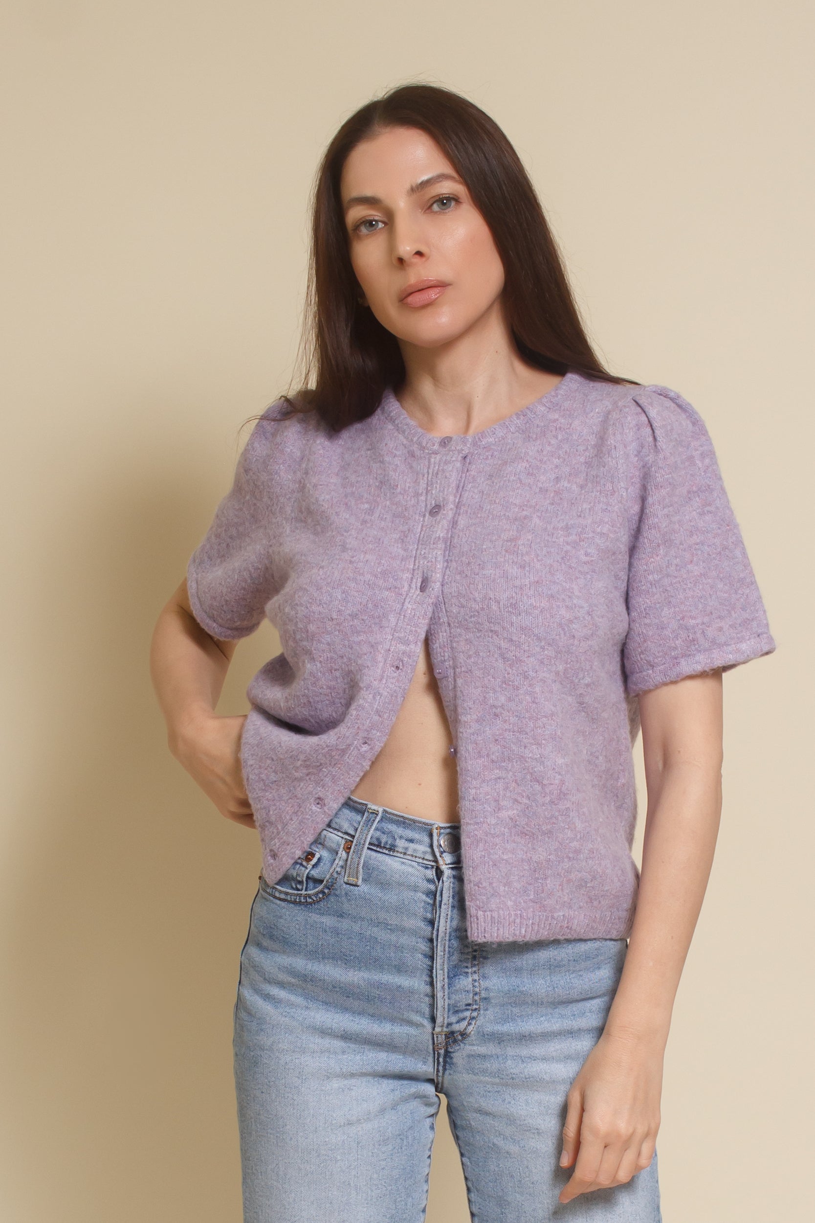 &Merci, heathered short sleeve cardigan, in lavender.