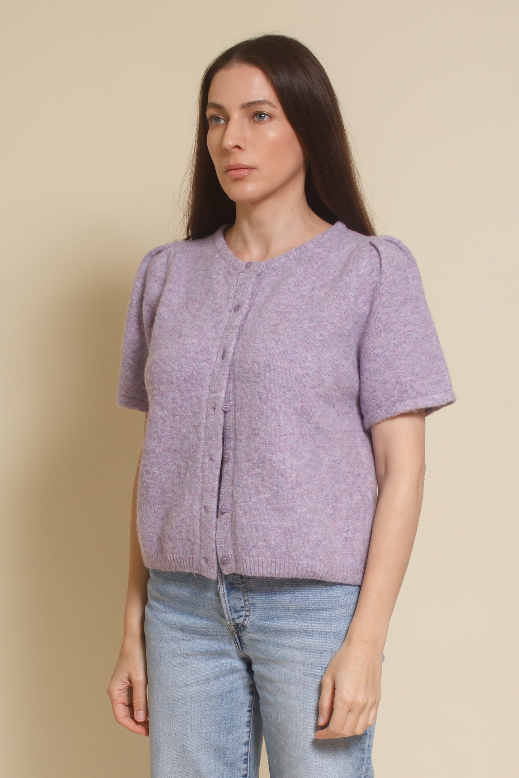 &Merci, heathered short sleeve cardigan, in lavender.
