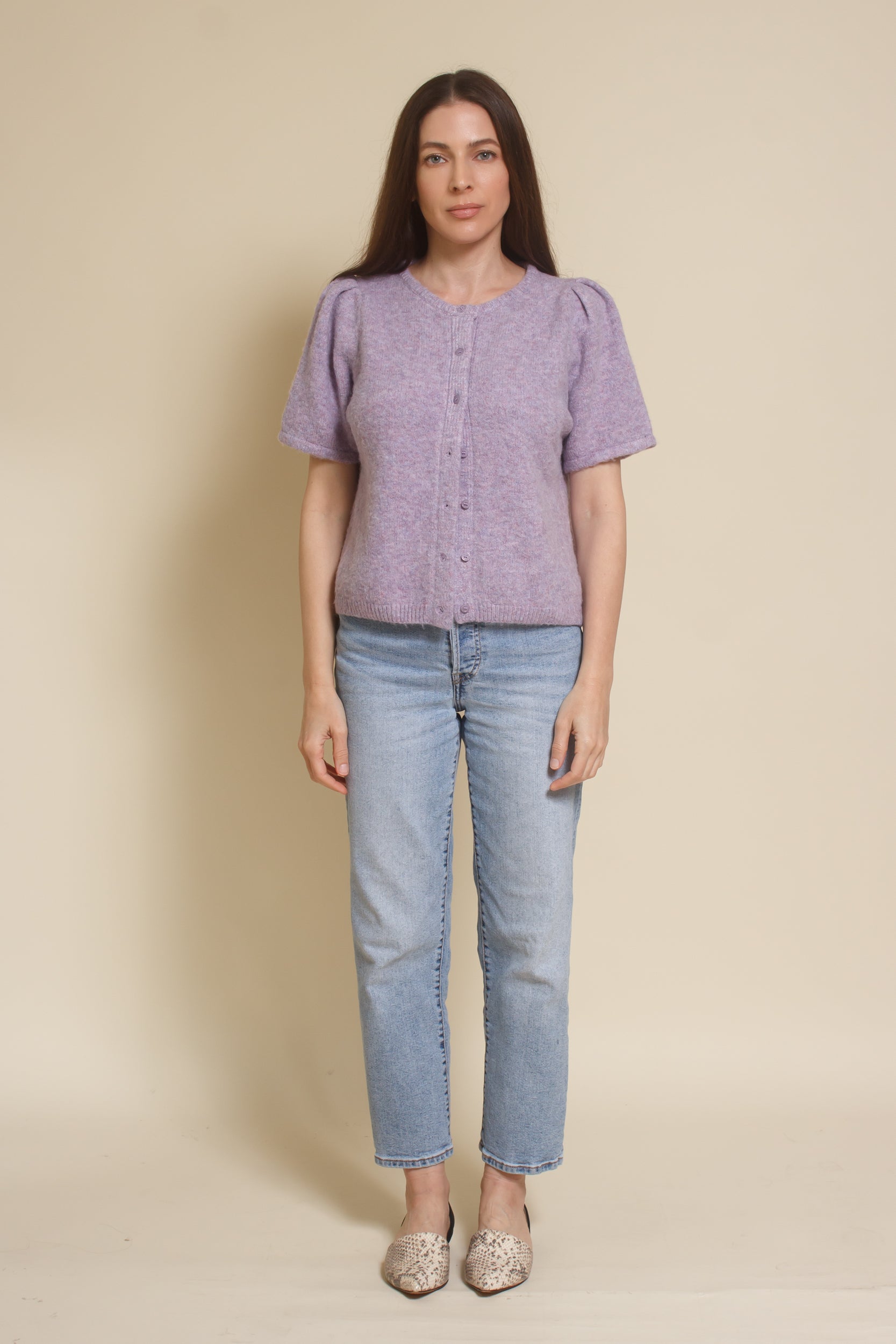&Merci, heathered short sleeve cardigan, in lavender.