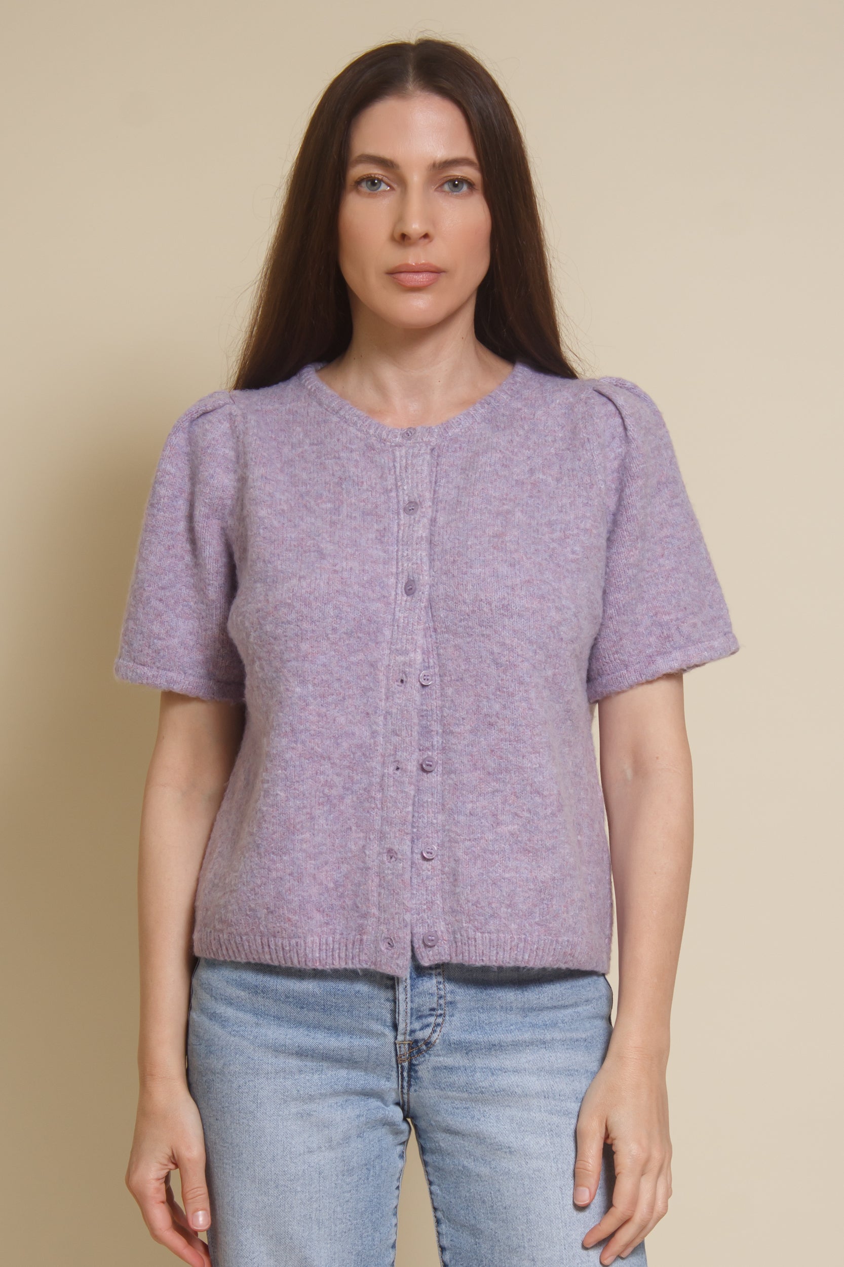 &Merci, heathered short sleeve cardigan, in lavender.