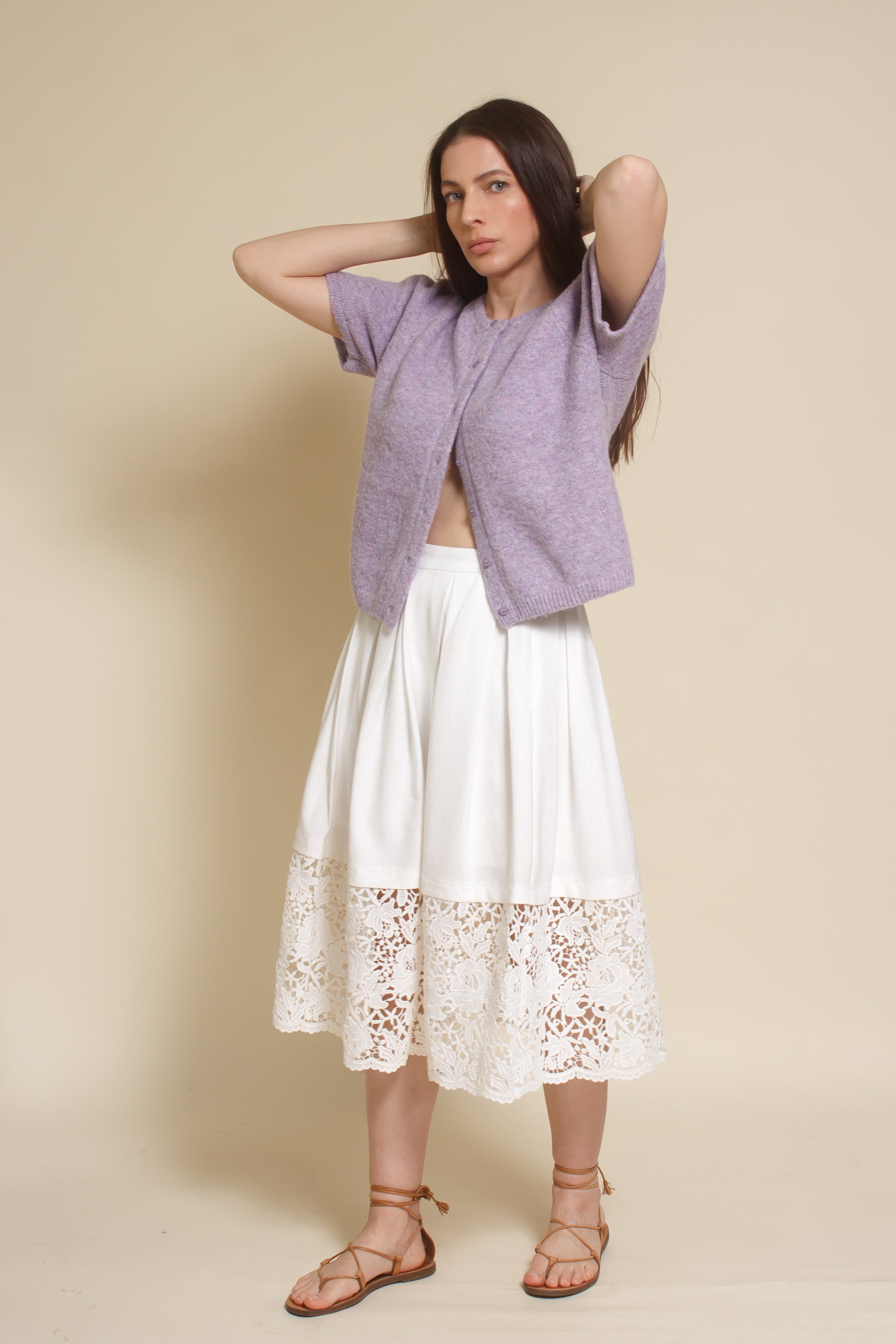 &Merci, heathered short sleeve cardigan, in lavender.