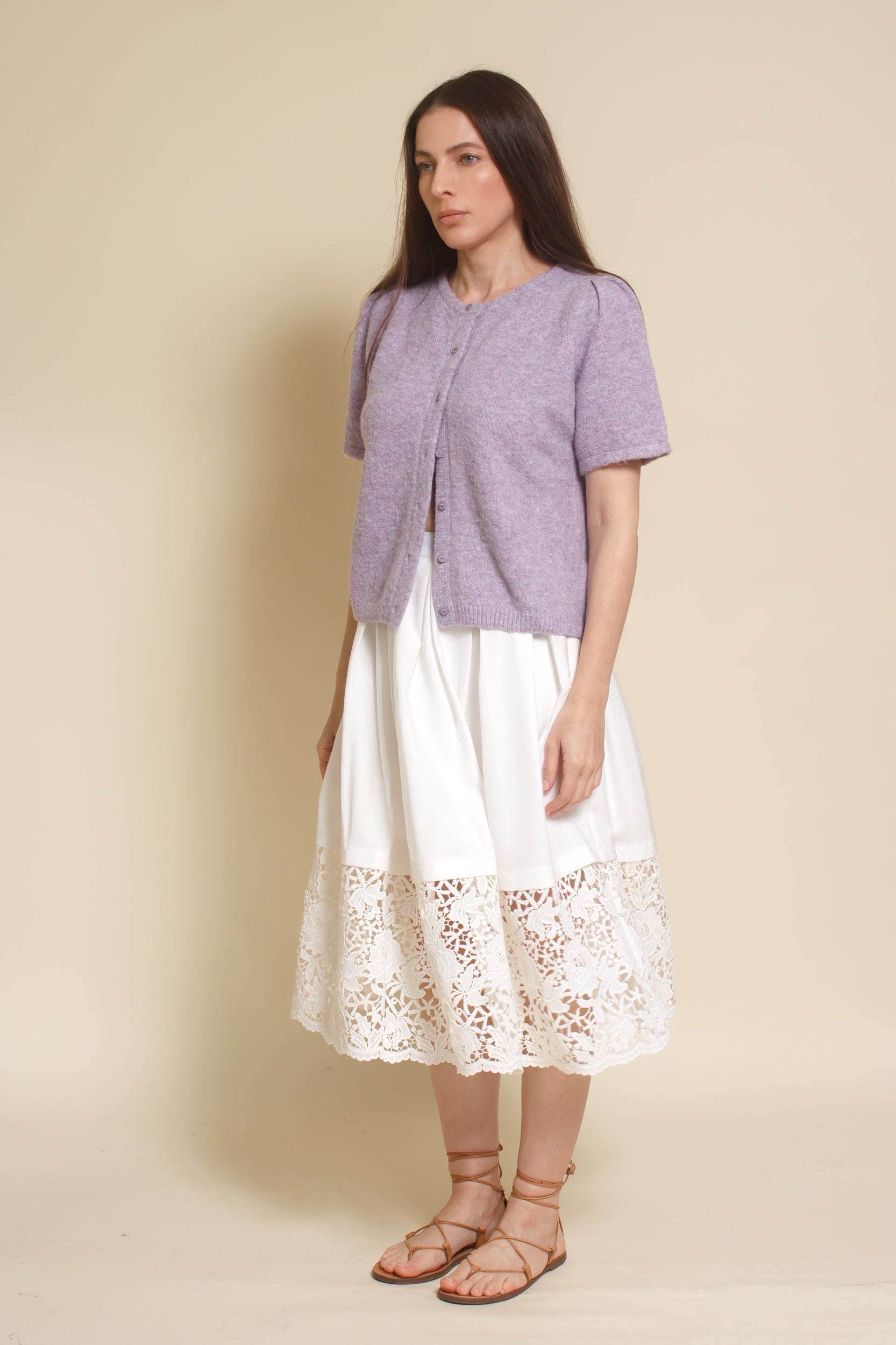 &Merci, heathered short sleeve cardigan, in lavender.