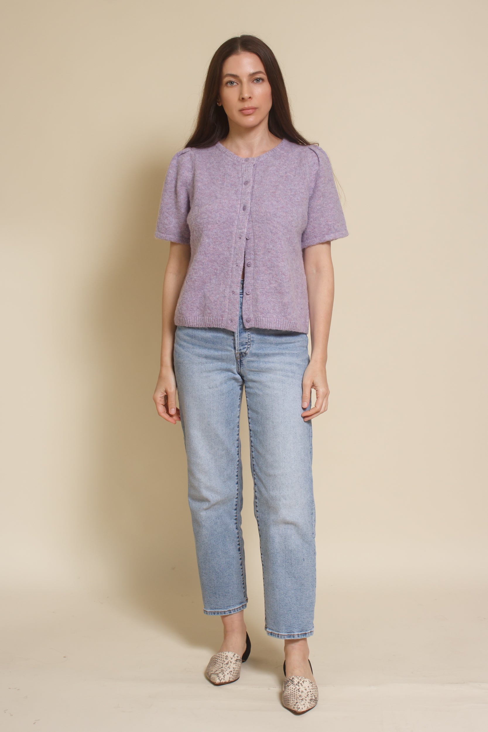 &Merci, heathered short sleeve cardigan, in lavender.