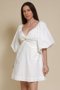 Miou Muse puff sleeve cotton/linen mini dress with smocked back, in off white.
