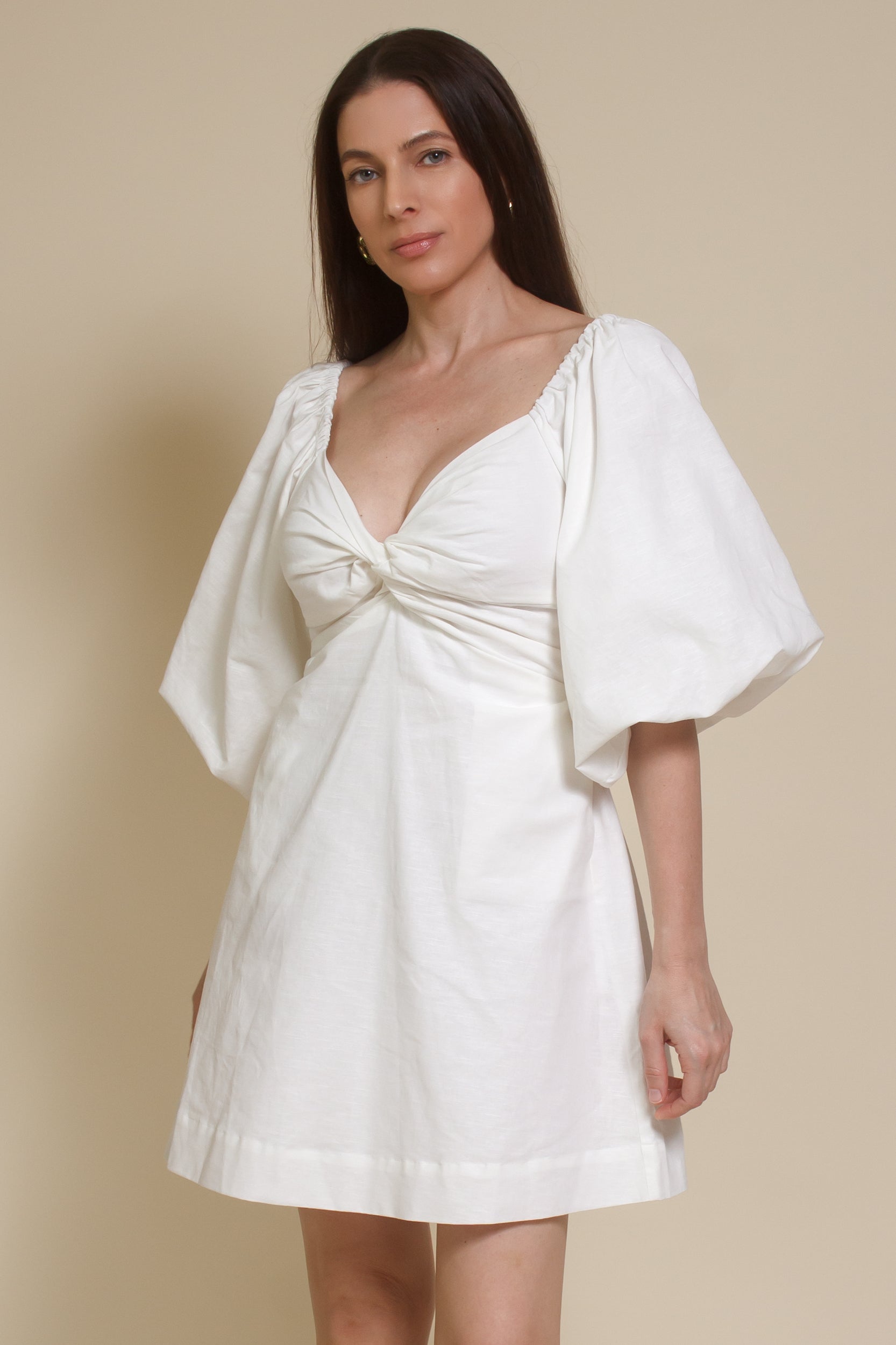 Miou Muse puff sleeve cotton/linen mini dress with smocked back, in off white.