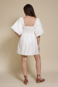 Miou Muse puff sleeve cotton/linen mini dress with smocked back, in off white.