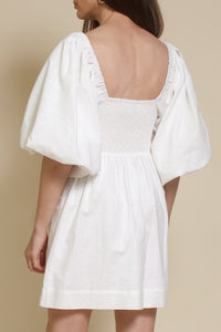 Miou Muse puff sleeve cotton/linen mini dress with smocked back, in off white.